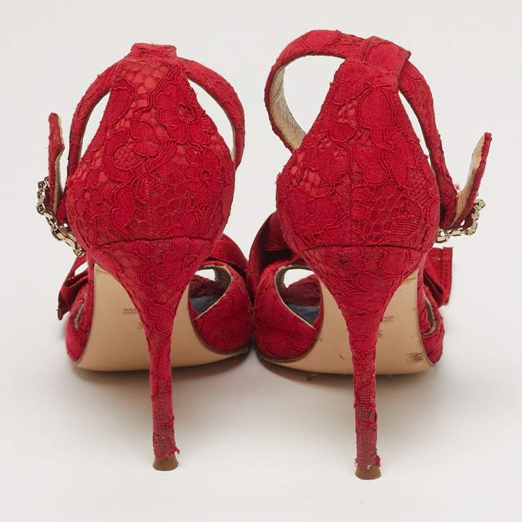 Pre Owned CH Carolina Herrera Size 36 Red Lace and Satin Bow Ankle Strap Sandals