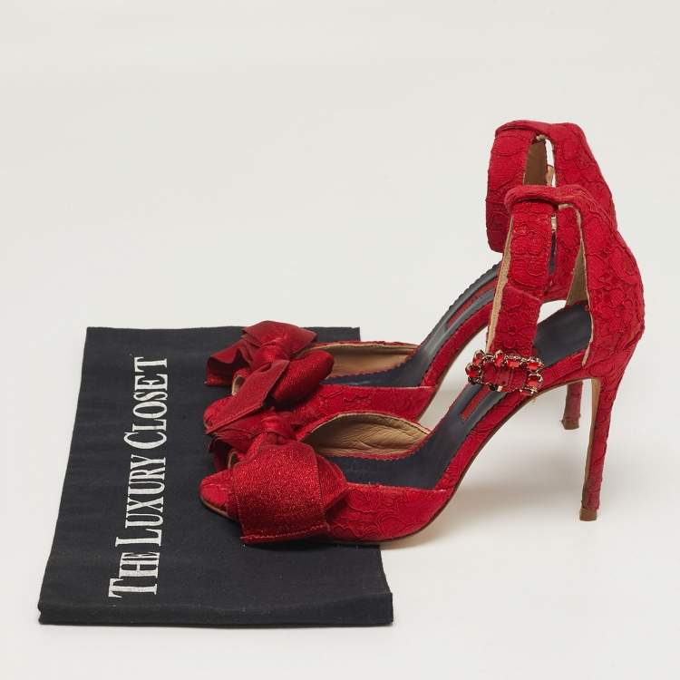 Pre Owned CH Carolina Herrera Size 36 Red Lace and Satin Bow Ankle Strap Sandals