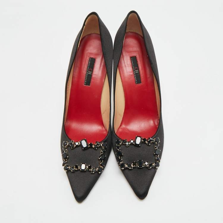 Pre Owned CH Carolina Herrera Size 40 Black Satin Crystal Embellished Pumps