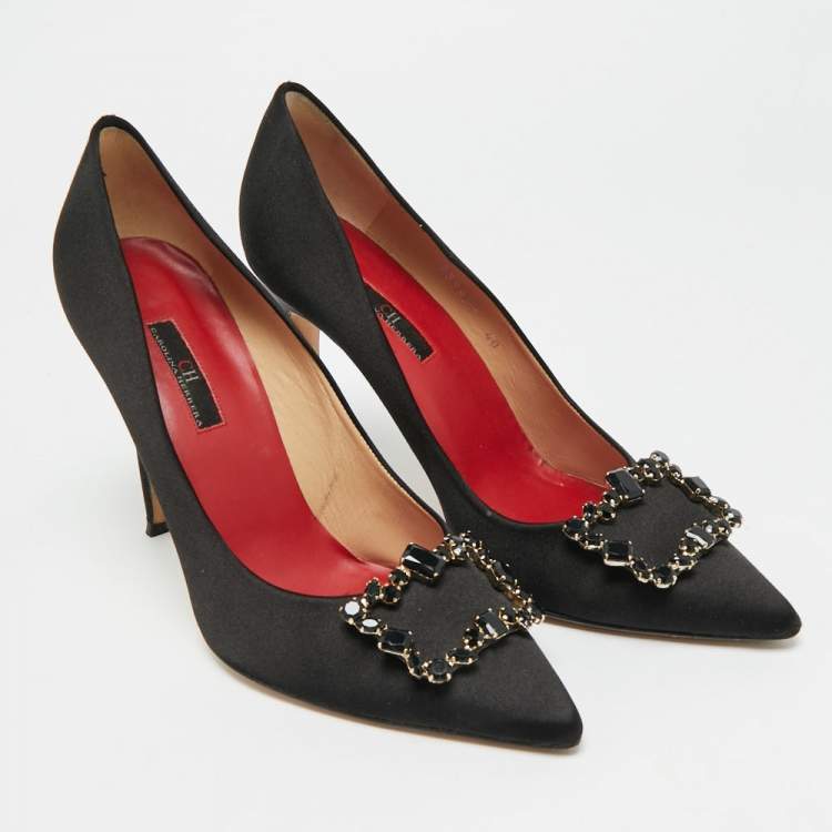 Pre Owned CH Carolina Herrera Size 40 Black Satin Crystal Embellished Pumps
