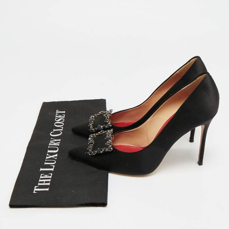 Pre Owned CH Carolina Herrera Size 40 Black Satin Crystal Embellished Pumps