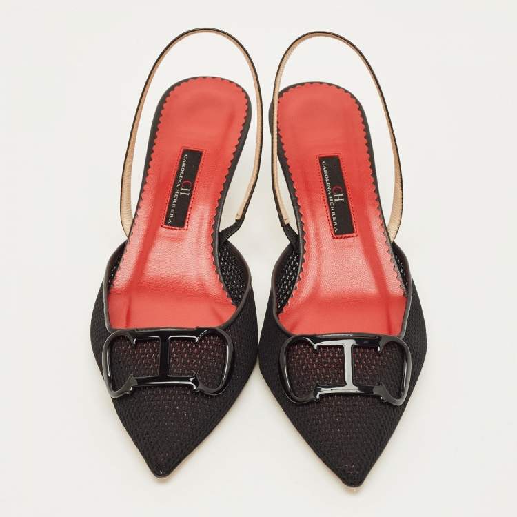 Pre Owned CH Carolina Herrera Initials Insignia Size 37 Black Mesh and Leather Slingback Pumps