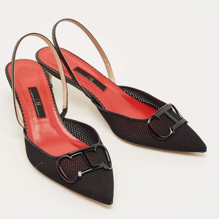 Pre Owned CH Carolina Herrera Initials Insignia Size 37 Black Mesh and Leather Slingback Pumps