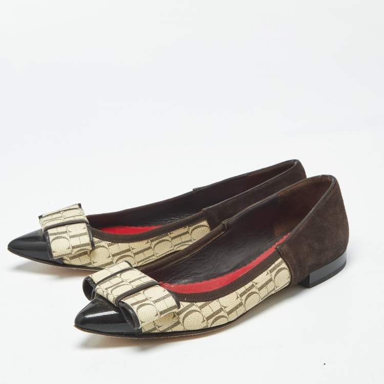 Pre Owned Ch Carolina Herrera Size 36 Brown/Cream Suede and Monogram Coated Canvas Ballet Flats