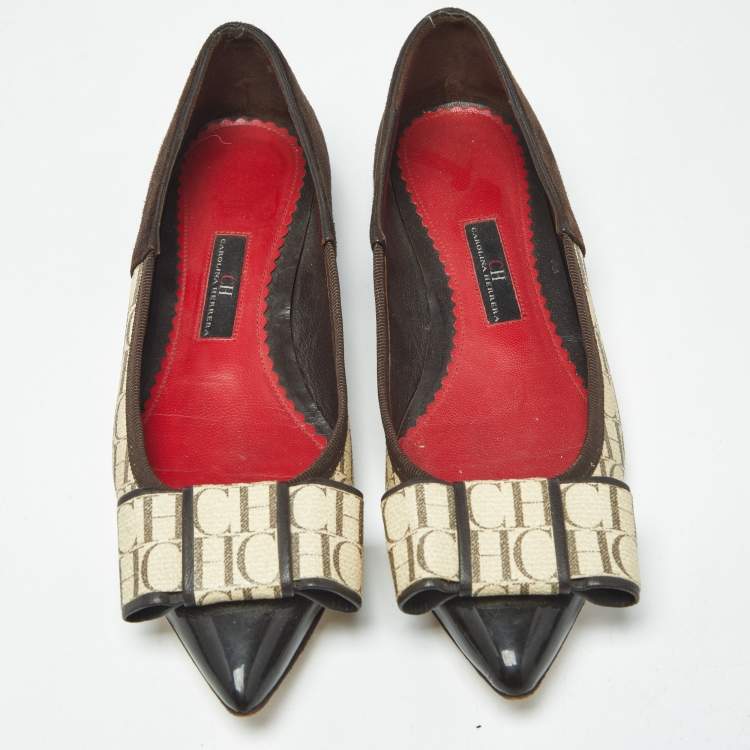 Pre Owned Ch Carolina Herrera Size 36 Brown/Cream Suede and Monogram Coated Canvas Ballet Flats