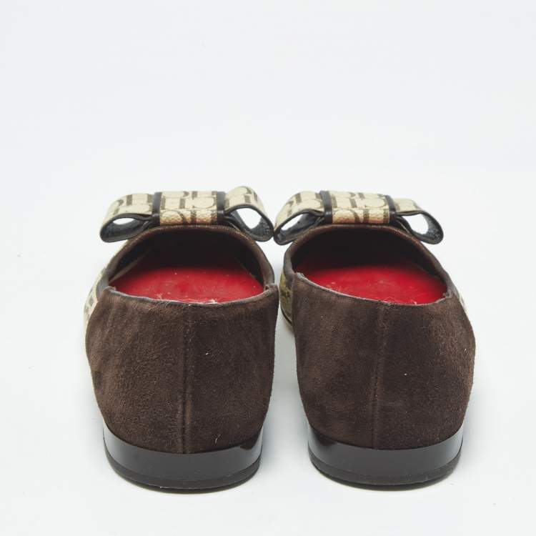 Pre Owned Ch Carolina Herrera Size 36 Brown/Cream Suede and Monogram Coated Canvas Ballet Flats