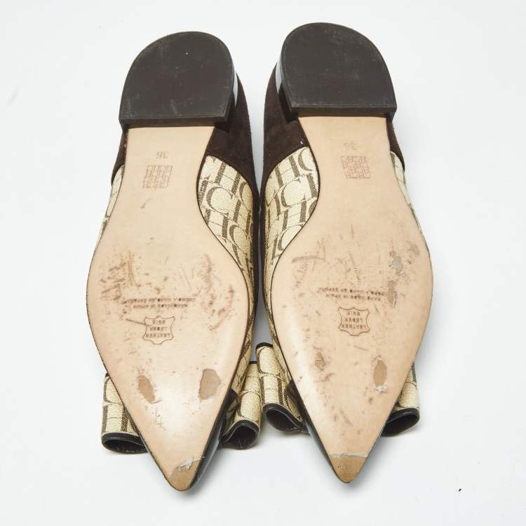 Pre Owned Ch Carolina Herrera Size 36 Brown/Cream Suede and Monogram Coated Canvas Ballet Flats