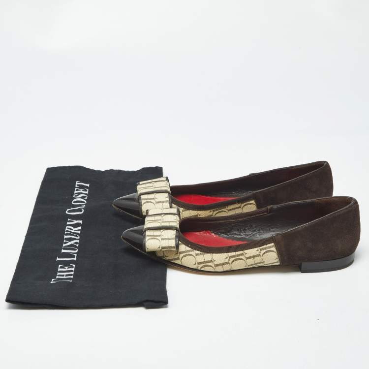 Pre Owned Ch Carolina Herrera Size 36 Brown/Cream Suede and Monogram Coated Canvas Ballet Flats