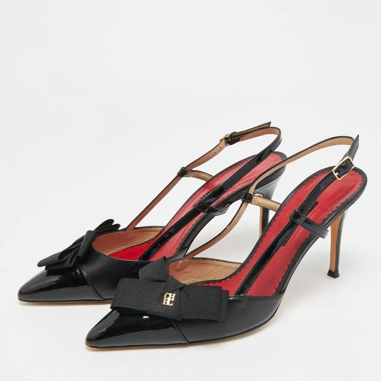 Pre Owned CH Carolina Herrera Size 38 Black Leather and Patent Bow Pointed Toe Slingback Pumps