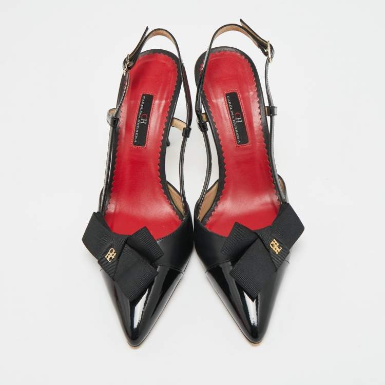 Pre Owned CH Carolina Herrera Size 38 Black Leather and Patent Bow Pointed Toe Slingback Pumps