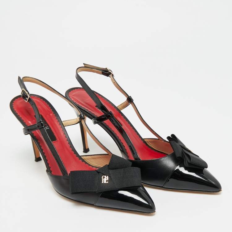 Pre Owned CH Carolina Herrera Size 38 Black Leather and Patent Bow Pointed Toe Slingback Pumps