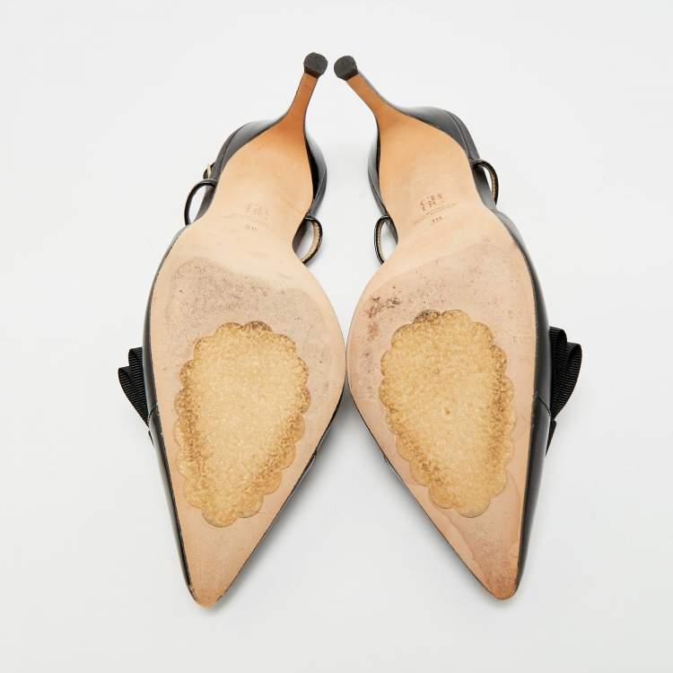 Pre Owned CH Carolina Herrera Size 38 Black Leather and Patent Bow Pointed Toe Slingback Pumps