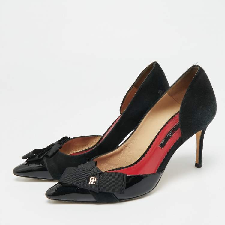 Pre Owned CH Carolina Herrera Size 37 Black Suede and Patent Leather Pointed Toe D'orsay Pumps
