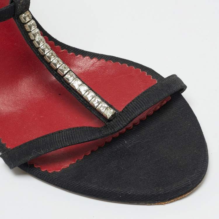 Pre Owned CH Carolina Herrera Size 37 Black Canvas Ankle Strap Sandals