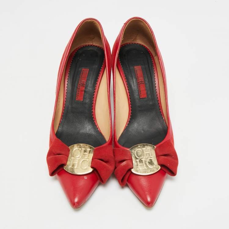 Pre Owned CH Carolina Herrera Size 36 Red Suede Bow Pointed Pumps