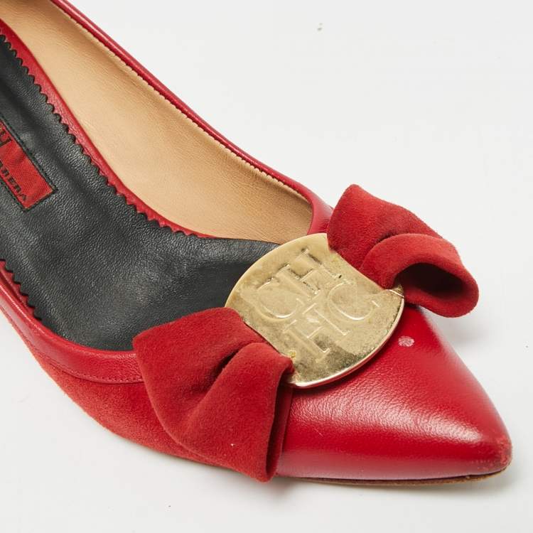 Pre Owned CH Carolina Herrera Size 36 Red Suede Bow Pointed Pumps