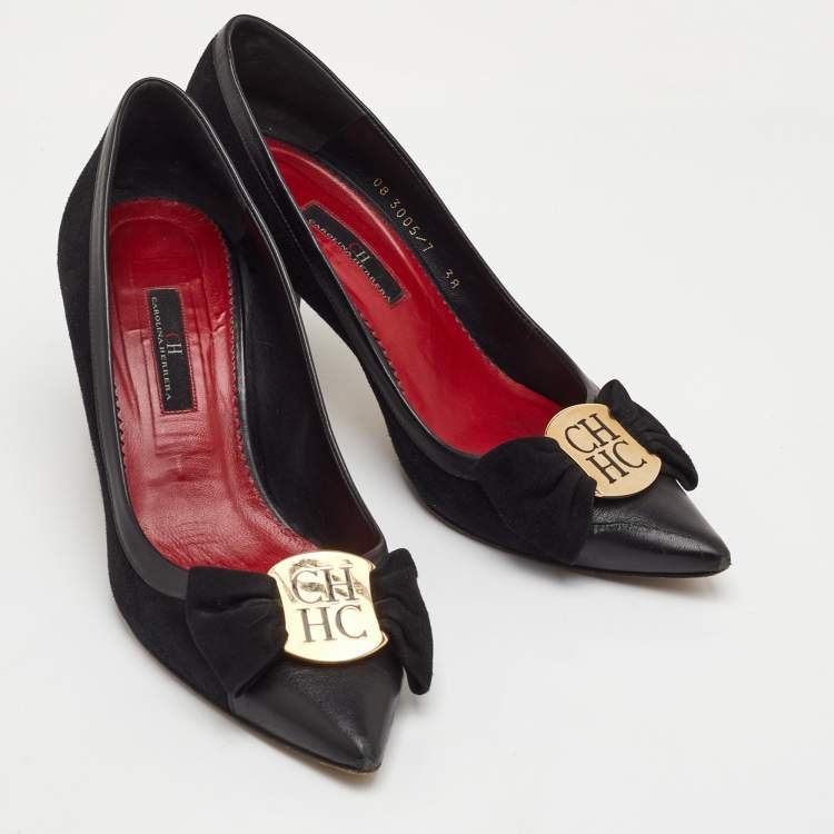 Pre Owned CH Carolina Herrera Bow Size 38 Black Leather and Suede Pointed Toe Pumps
