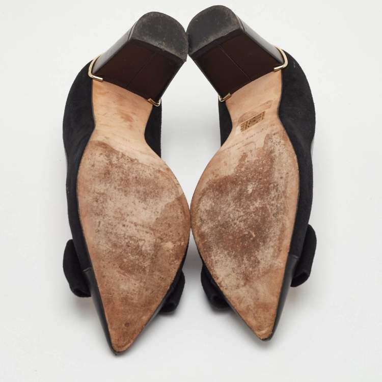 Pre Owned CH Carolina Herrera Bow Size 38 Black Leather and Suede Pointed Toe Pumps