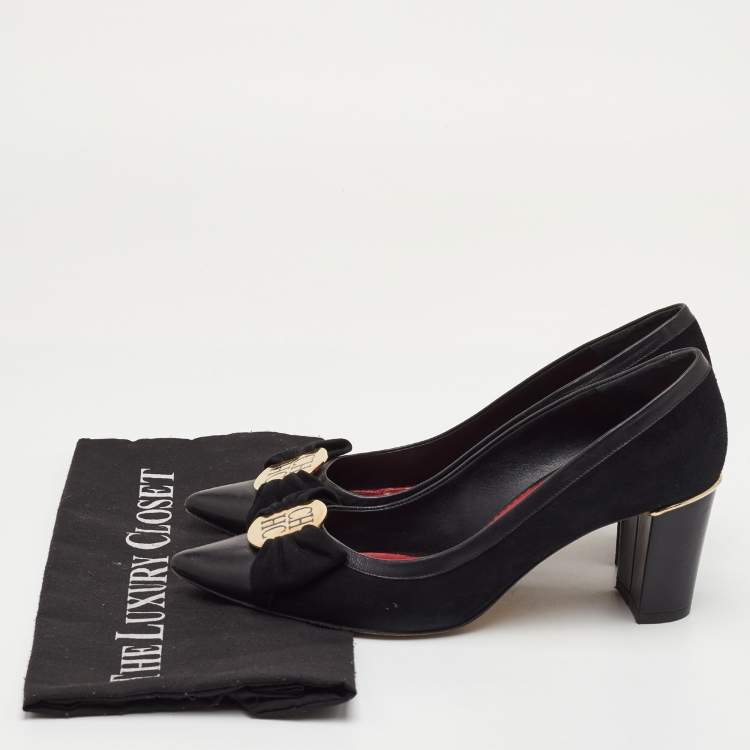 Pre Owned CH Carolina Herrera Bow Size 38 Black Leather and Suede Pointed Toe Pumps