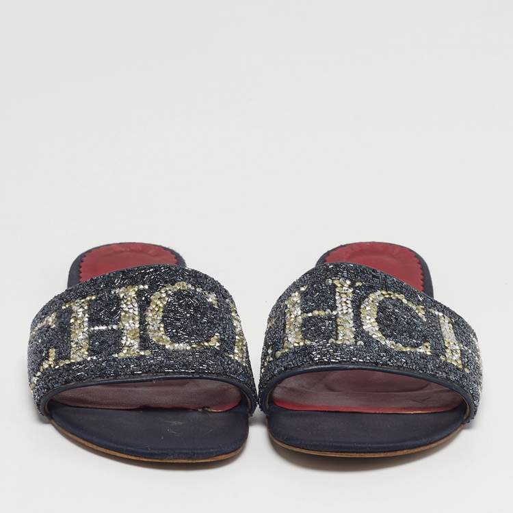 Pre Owned CH Carolina Herrera Size 38 Navy Blue Leather and Sequins Flat Sandals