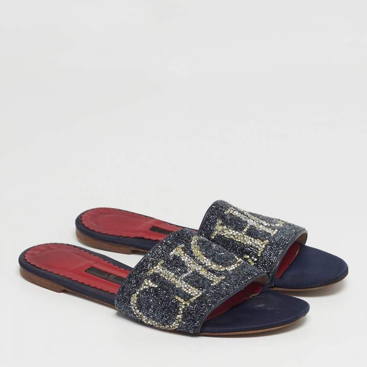 Pre Owned CH Carolina Herrera Size 38 Navy Blue Leather and Sequins Flat Sandals