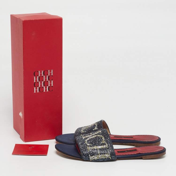 Pre Owned CH Carolina Herrera Size 38 Navy Blue Leather and Sequins Flat Sandals