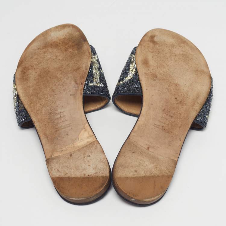 Pre Owned CH Carolina Herrera Size 38 Navy Blue Leather and Sequins Flat Sandals