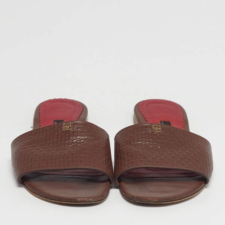 Pre Owned CH Carolina Herrera Size 38 Brown Leather Flat Slides