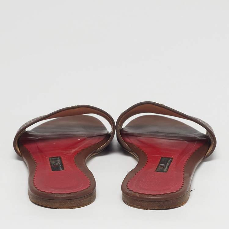 Pre Owned CH Carolina Herrera Size 38 Brown Leather Flat Slides