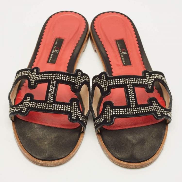 Pre Owned CH Carolina Herrera Size 38 Black Suede Crystal Embellished Flat Slides