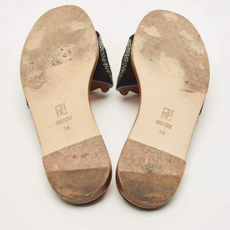 Pre Owned CH Carolina Herrera Size 38 Black Suede Crystal Embellished Flat Slides