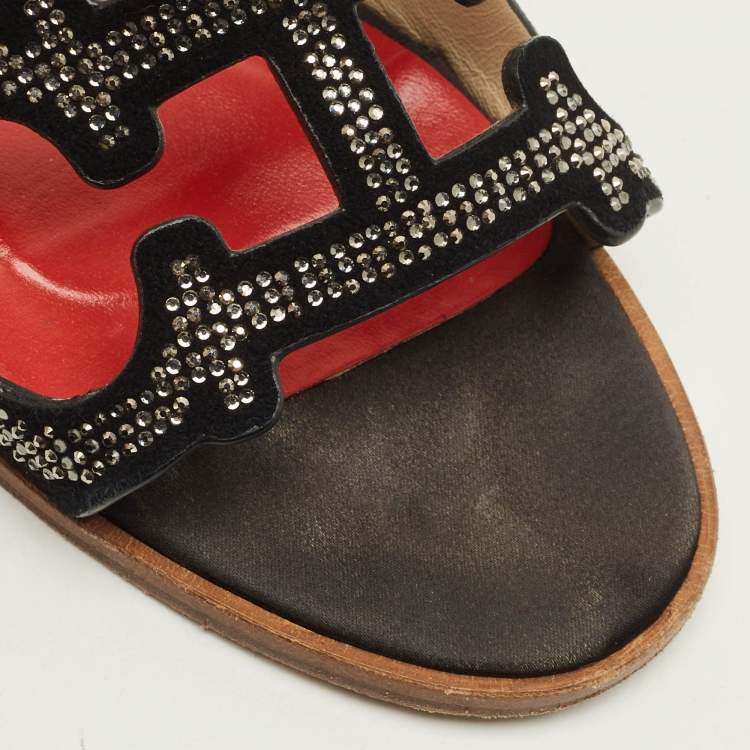 Pre Owned CH Carolina Herrera Size 38 Black Suede Crystal Embellished Flat Slides