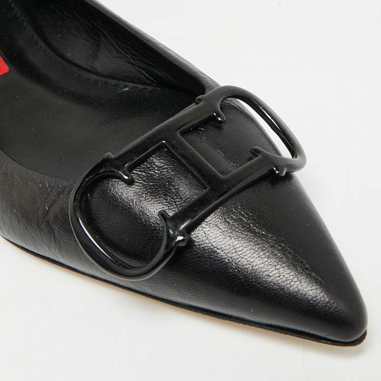 Pre Owned CH Carolina Herrera Initials Insignia Size 39 Black Leather Ballet Flats