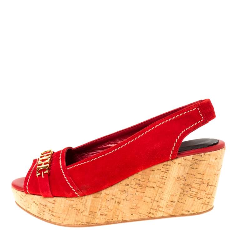 Pre Owned Carolina Herrera Red Suede Peep Toe Slingback Sandals Size 37