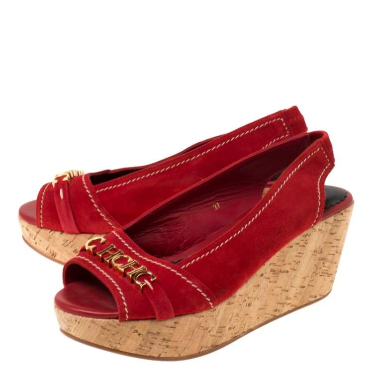 Pre Owned Carolina Herrera Red Suede Peep Toe Slingback Sandals Size 37