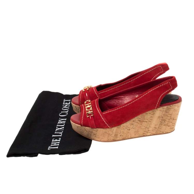 Pre Owned Carolina Herrera Red Suede Peep Toe Slingback Sandals Size 37