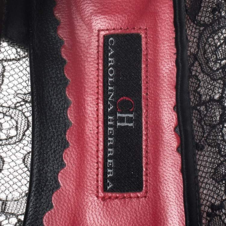 Pre Owned Carolina Herrera Black Lace And Satin Bow Ballet Flats Size 35