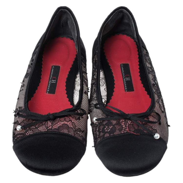 Pre Owned Carolina Herrera Black Lace And Satin Bow Ballet Flats Size 35