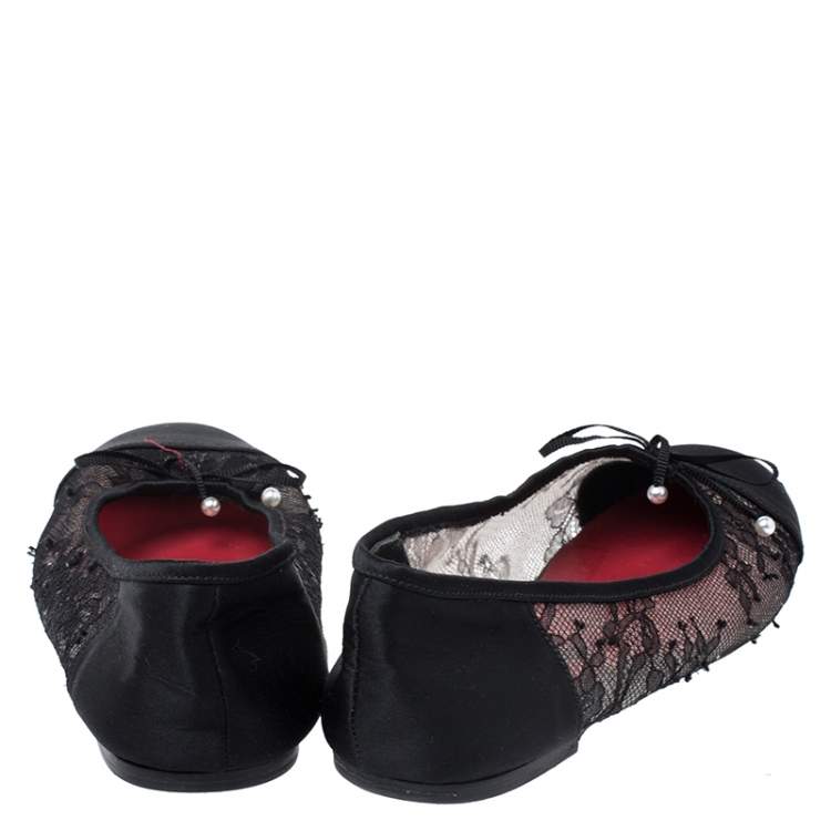 Pre Owned Carolina Herrera Black Lace And Satin Bow Ballet Flats Size 35