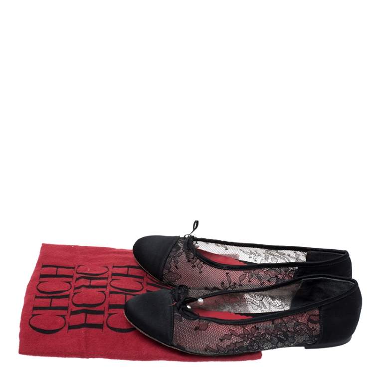 Pre Owned Carolina Herrera Black Lace And Satin Bow Ballet Flats Size 35