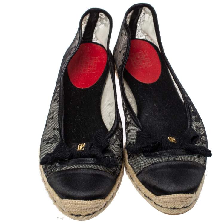 Pre Owned Carolina Herrera Black Lace and Mesh Bow Espadrille Flat Size 38