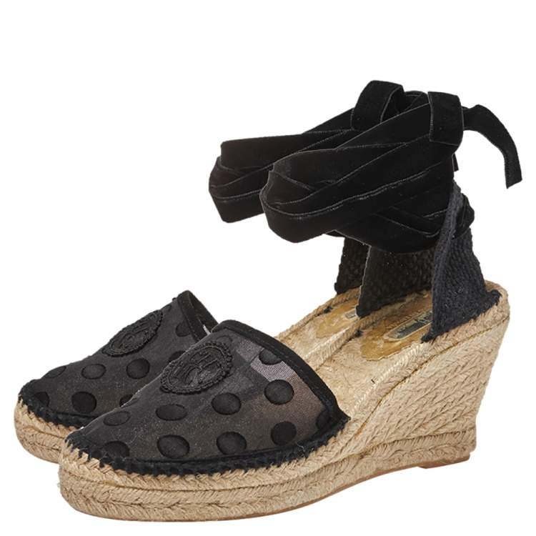Pre Owned Carolina Herrera Black Mesh and Fabric Ankle Wrap Espadrille Sandals Size 40