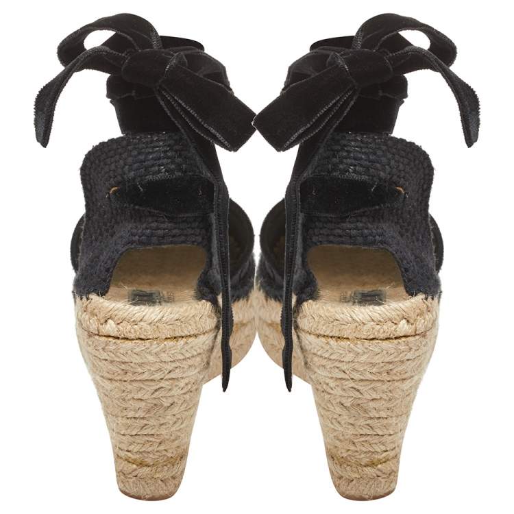Pre Owned Carolina Herrera Black Mesh and Fabric Ankle Wrap Espadrille Sandals Size 40