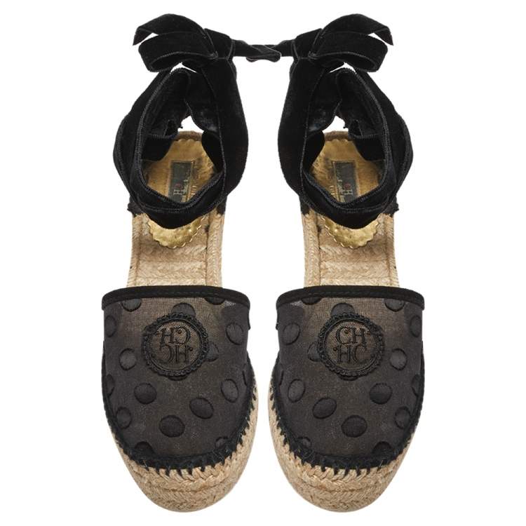 Pre Owned Carolina Herrera Black Mesh and Fabric Ankle Wrap Espadrille Sandals Size 40