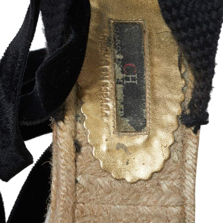 Pre Owned Carolina Herrera Black Mesh and Fabric Ankle Wrap Espadrille Sandals Size 40
