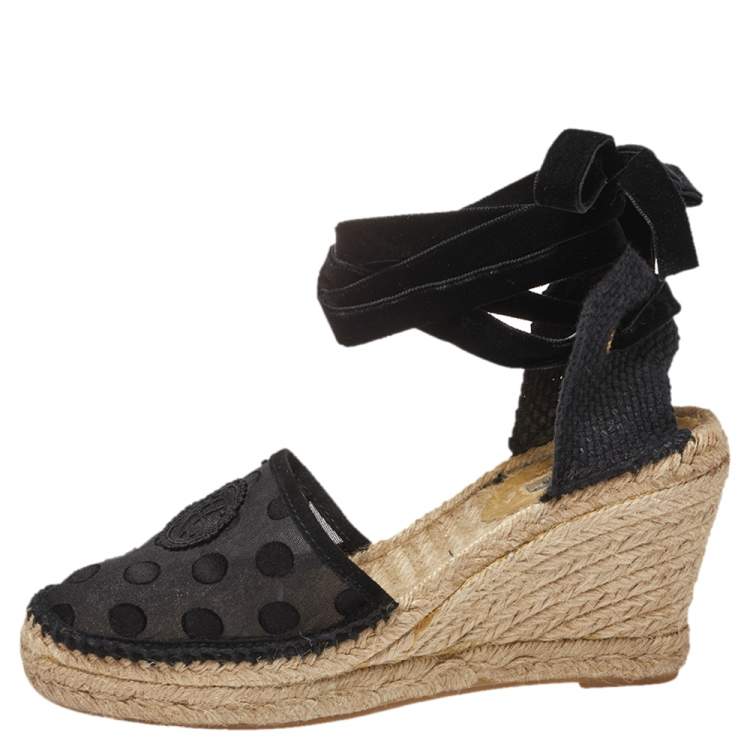 Pre Owned Carolina Herrera Black Mesh and Fabric Ankle Wrap Espadrille Sandals Size 40