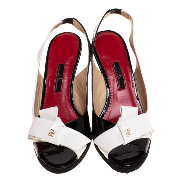 Pre Owned Carolina Herrera Black/White Leather and Patent Leather Peep Toe Bow Espadrille Wedge Sandals Size 38