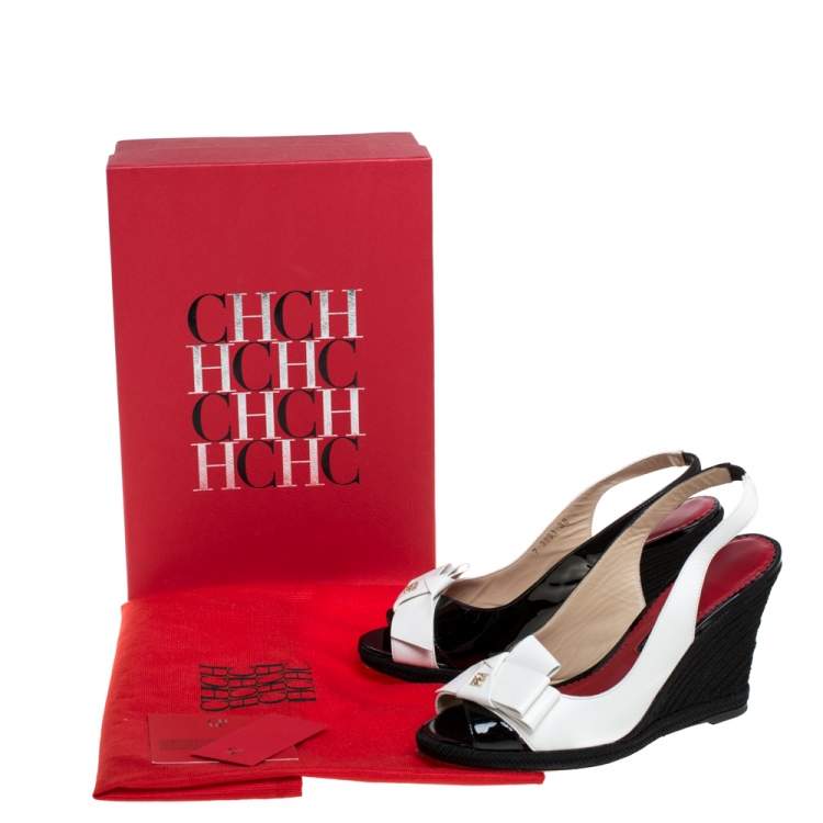 Pre Owned Carolina Herrera Black/White Leather and Patent Leather Peep Toe Bow Espadrille Wedge Sandals Size 38