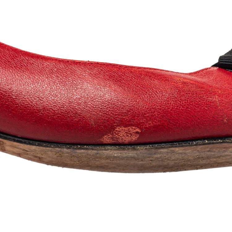 Pre Owned CH Carolina Herrera Red/Black Leather Bow Ballet Flats Size 41 