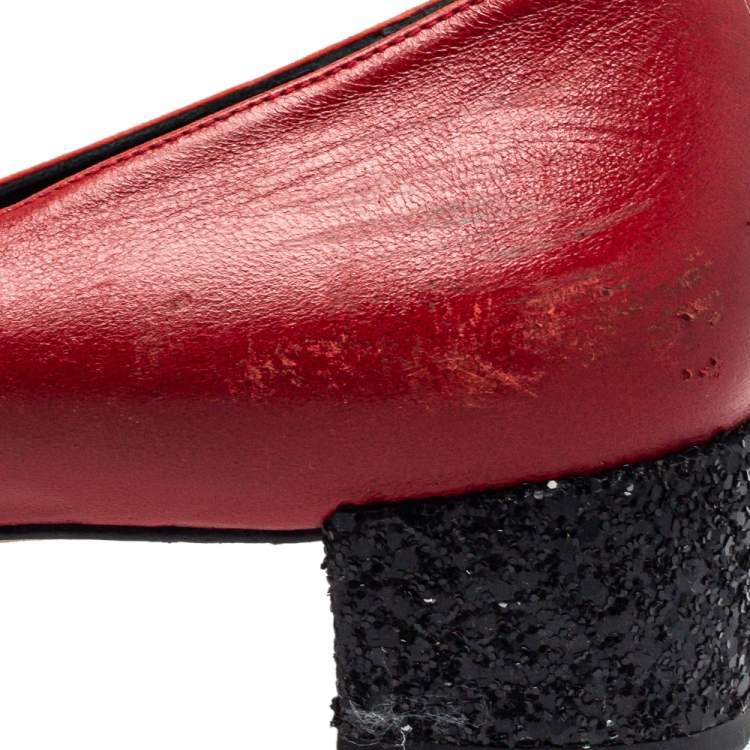 Pre Owned CH Carolina Herrera Red/Black Leather Bow Ballet Flats Size 41 